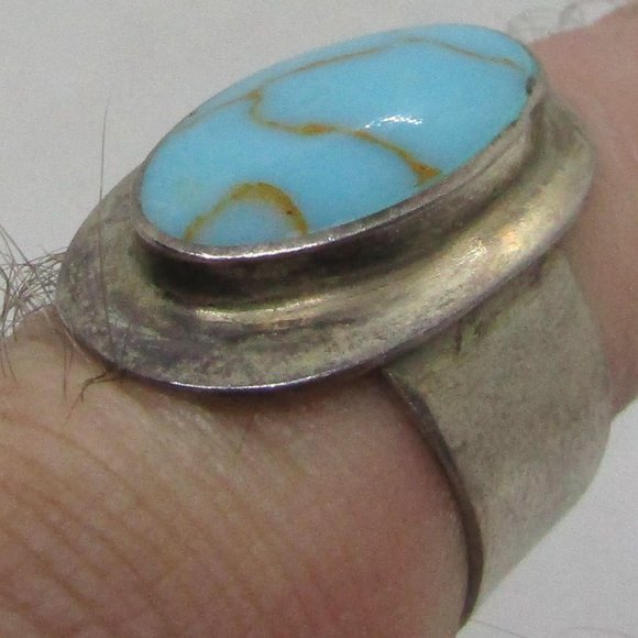 Mid-Century Sterling Silver and Oval Turquoise Modernist Ring Size 8